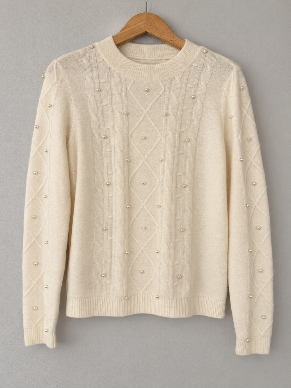 LOFT Women’s Medium Ivory Pearl Embellished Cable Knit Crewneck Sweater